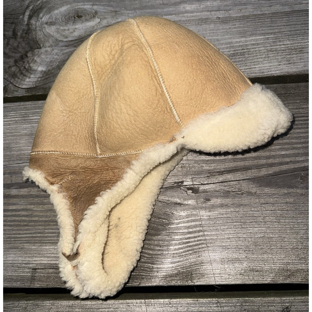 Kids Shearling Sheepskin Aviator Trapper Hat Tan Suede Wool Lined Ear Flaps Med